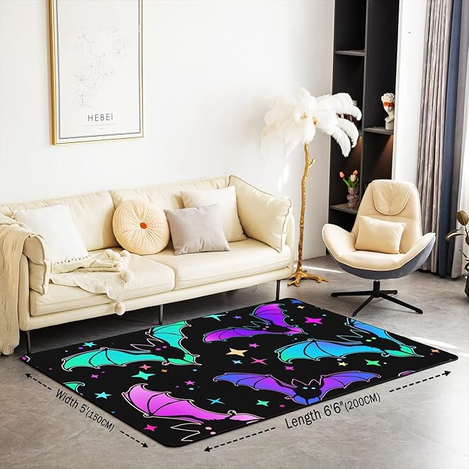 Erosebridal Halloween Bat Rug, Glitter Stars Galaxy Area Rug 5x6'6'' for Kids Child, Halloween Decorations Carpet for Bedside, Halloween Teal Blue Green Purple Non Shedding Decorative Rug