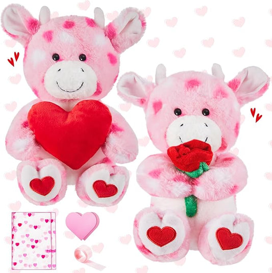 Shappy 2 Sets Large Valentines Day Plush Stuffed Animal with Heart and Rose, Cute Stuffed Animal Toys, Valentine‘s Day Wedding Gifts for Boys Girls Couple Mom Girlfriend(Cow)