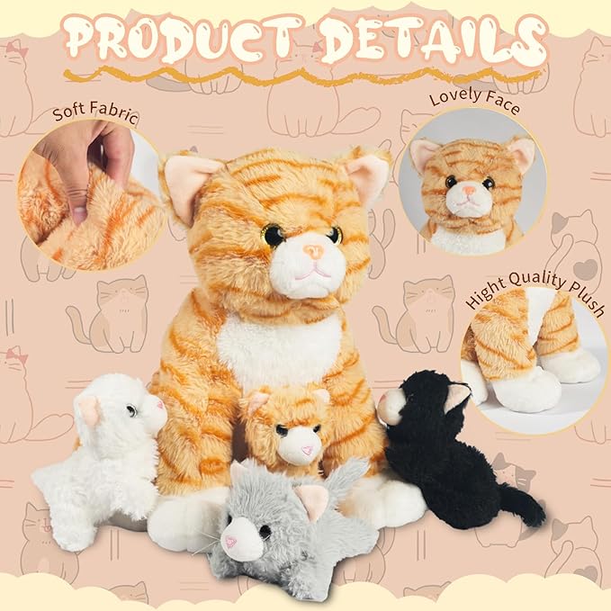 5 Pcs Cat Stuffed Animal with Babies Inside Belly, 1 Mommy Stuffed Cat Plush Toy with 4 Kittens Stuffed Kitty Cats Plushies Toys for Kids Girls Boys Birthday Christmas Easter Stuffers Gifts