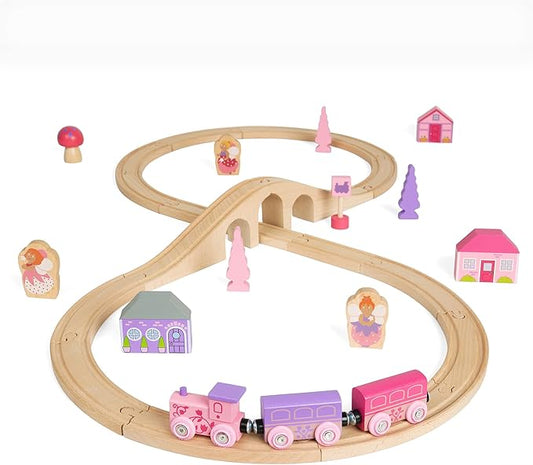 Bigjigs Rail Fairy Figure Of Eight Train Set - 35pc Pink Wooden Railway, Toy Trains & Accessories, Princess Toys For Kids, Compatible With Most Other Rail Brands, 3 Years Old +