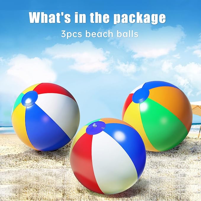24 inch Beach Balls Bulk, 3 Pack Beach Balls for Kids, Reusable Inflatable Beach Ball for Summer Beach Outdoor or Indoor