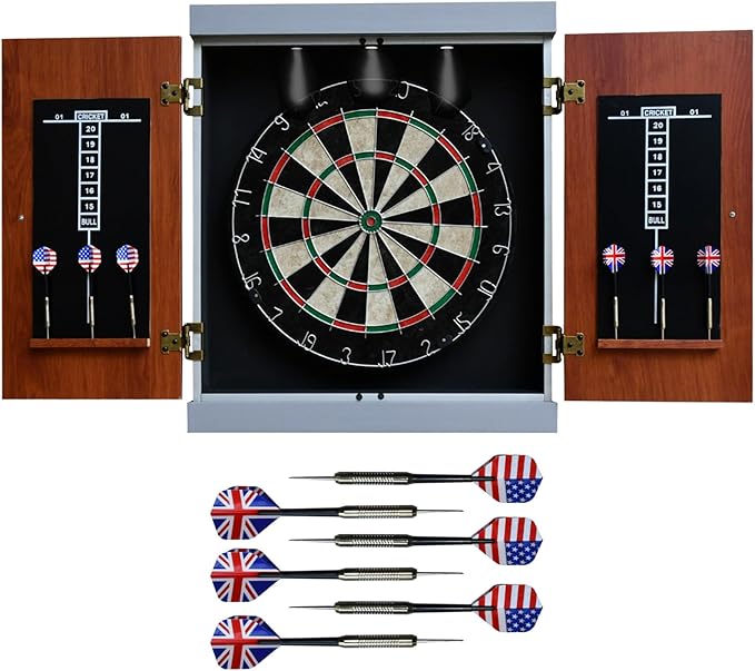 Hathaway Geneva Dartboard and Cabinet Set - Includes 18-in Dartboard, Steel-Tip Darts, Chalk Scoreboards - Perfect for Family Game Rooms, Basements, Home Bars, Wood Grain/Black/Gray
