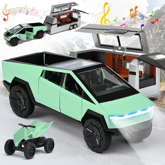INGQU® Toy Car Alloy Diecast Pick-up Truck Model with RV & Motorcycle with Sound and Light Race Car Display Model Metal Pull-Back Vehicle 3-in-1 Camping Car Set Ideal Gift for Boys Kids Age for 3+