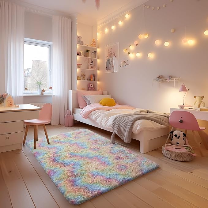 Ophanie Rainbow Colorful Area Rugs for Bedroom Girls, Unicorn 4x6 Carpet Fluffy Fuzzy Furry Shag, Plush Soft Cute Kids Baby Shaggy Bedside Floor Rug for Teen Dorm Home Decor Aesthetic, Nursery