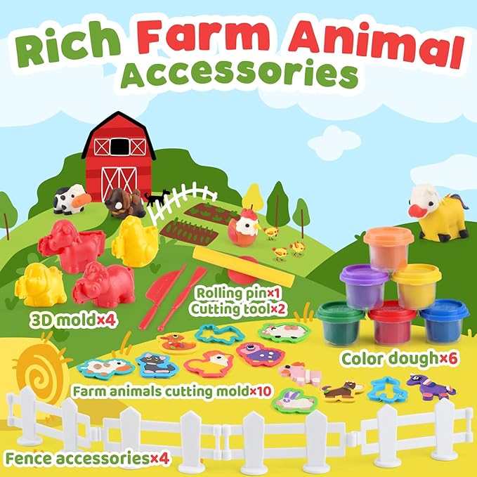 PLAY Farm Animals Clay Sets for Kids Ages 4-8, Color Dough Kit with Animal Molds, Non-Toxic & Safe Toys Gifts for Boys Girls 4-6