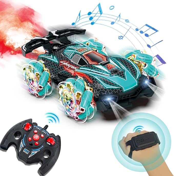 RC Gesture Sensing Stunt Car, with Spray, Light & Music, Best Toy for Boys 6-12 Years Old 360° Rotating 4WD Remote Control Transforming 2.4Ghz Manual Control Car Birthday Present (Blue)