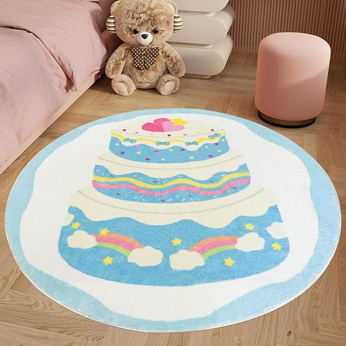 Kids Rug 4Ft Round Cake Bedroom Carpet Circle Blue Playroom Area Rug Rainbow Play Mat for Boys Girls Nursery Living Room Classroom Decor Washable Children Throw Rug, Blue