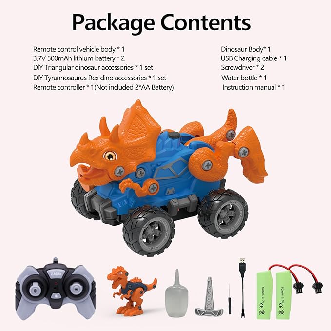 Remote Control Dinosaur Car, Monster Truck 2 Shapes Dino Replacement with Spray Mist Lights, Build a STEM Remote Control Monster Truck Car Building Toy Gifts