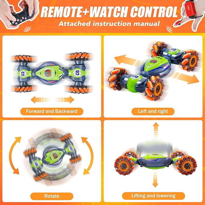 Remote Control Car for Boys Girls,Gesture Rc Stunt Car for 4-7 8-12 5 6 9 10 11 13 Year Old Boys Birthday Gifts,2.4 GHz 4WD 360° Rotatin Sensing Toys for Kids with Light and Music-Green Medium
