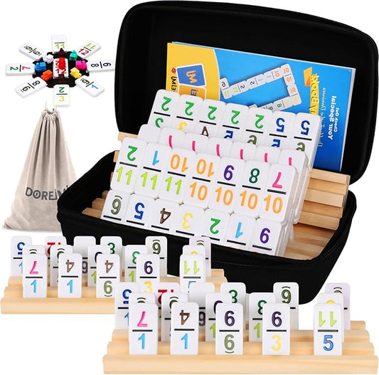 Double 12 Mexican Train Dominoes Set with 4 Wooden Racks & 91 Colorful Number Tiles Portable Travel Board Game for Kids and Adults Family Game Night