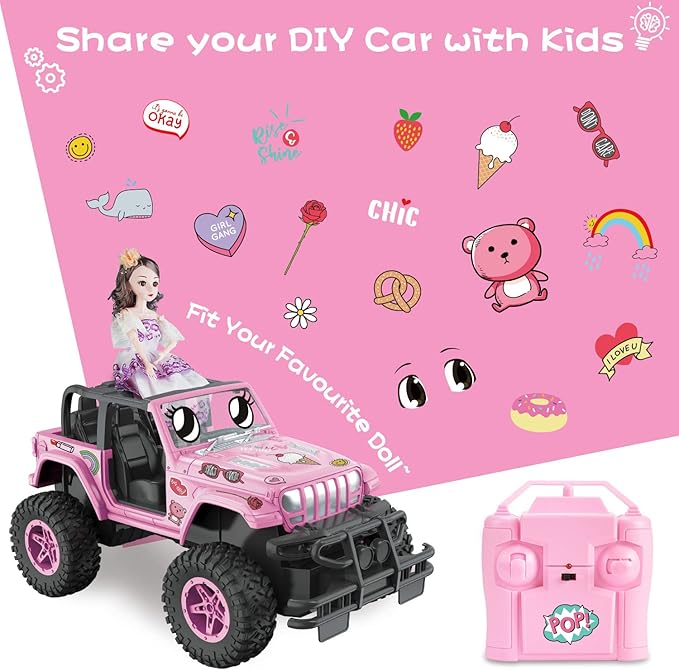 NQD RC Cars with DIY Sticker, 1:16 Scale Pink Remote Control Car for Girls, 80 Min Play 2.4Ghz Jeep RC Trucks, Little Girl Toys Birthday Xmas for 3 Years Old and Up