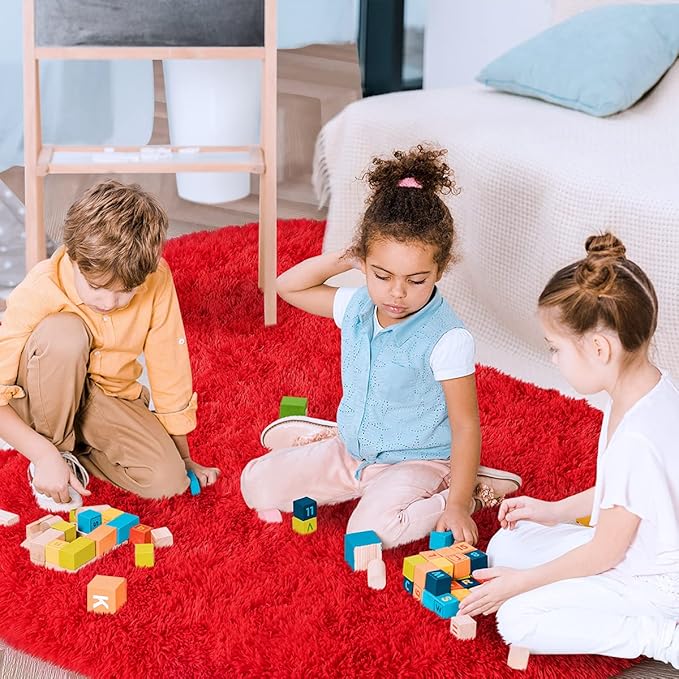 LOCHAS Luxury Round Fluffy Area Rugs for Bedroom Kids Girls Room Nursery, Super Soft Circle Rug, Cute Shaggy Carpet for Children Living Room, 4x4 Feet Red