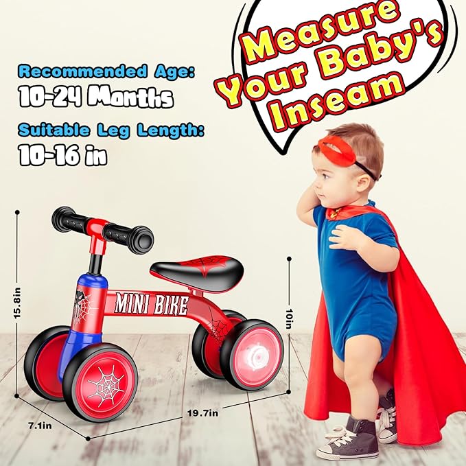 Baby Balance Bike 1-2 Year Old: Spider Toddler Bike Baby Bike for 10-24 Month with Colorful Lighting & 4 Wheels First Riding on Toys Spider Easter Birthday Gifts for One Year Old Boy Girl Gifts