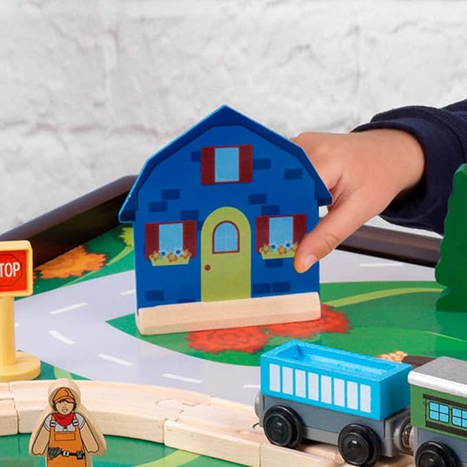 KidKraft 2-in-1 Reversible Top Activity Table with 200 Building Bricks and 30-Piece Wooden Train Set, Espresso, Gift for Ages 3+