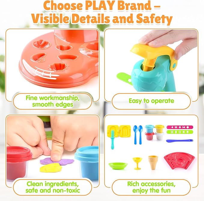 PLAY Clay Dough Set with Ice Cream Maker Machine/Noodle Maker/Banana Split Ice Cream Mold Kitchen Creations Arts Crafts Play Food Toys Tools Kit for Boys Girls Kids Toddlers Ages 3+
