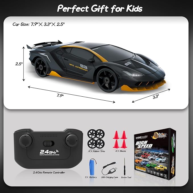 RC Drift Car, 1/24 Remote Control Car 4WD RC Cars for Kids, 2.4GHz Hobby Racing Car Toys Drifting RC Car with LED Light Rechargeable Battery and Drift Tires Toy Cars for Boys Black