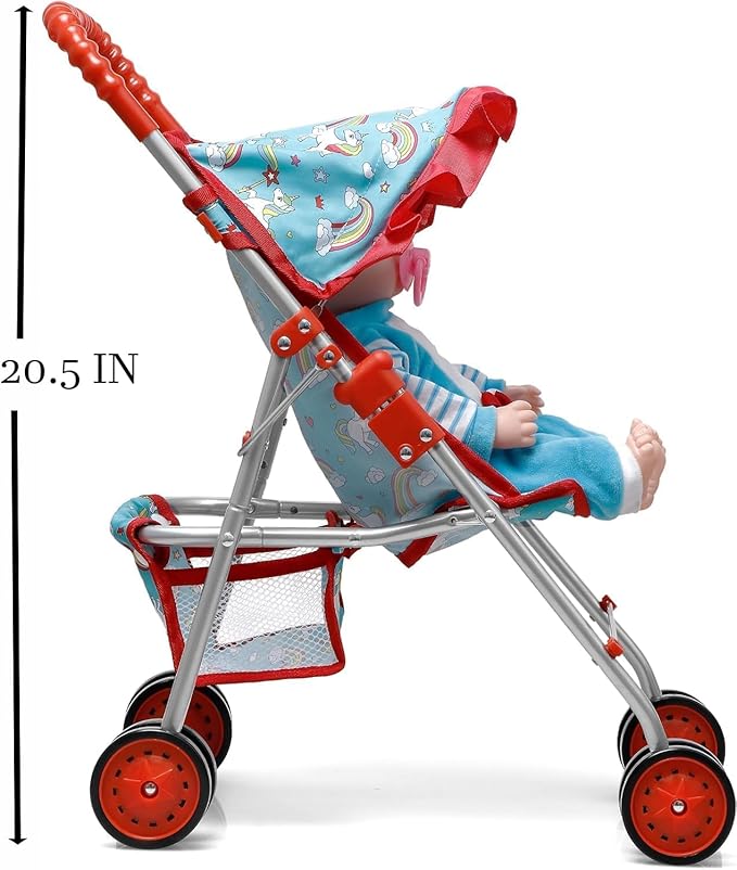 Fash N Kolor® Doll Stroller with Doll Feeding Bottles for Toddlers Boys, Girls, Little Kids - Toy Stroller with Bottom Storage Basket, Foldable Frame, Canopy, Seatbelt, Dolls Gift
