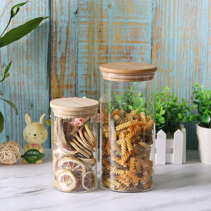 Glass Storage Jars Set of 2(25oz/750ml) with Airtight Seal Wooden Lid Stackable Kitchen Canisters for Candy, Coffee Bean Cookie, Rice, Sugar, Flour, Pasta, Nuts, Coffee