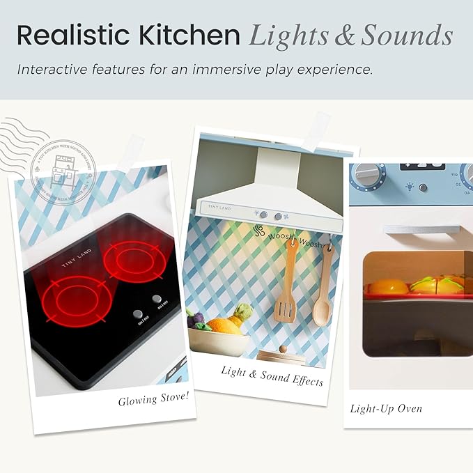 Tiny Land Play Kitchen for Kids, Wooden Kids Play Kitchen Playset Chef Pretend Play Set for Toddlers with Real Lights & Sounds, Toys Kitchen with 18 Pcs Toy Food & Cookware Accessories