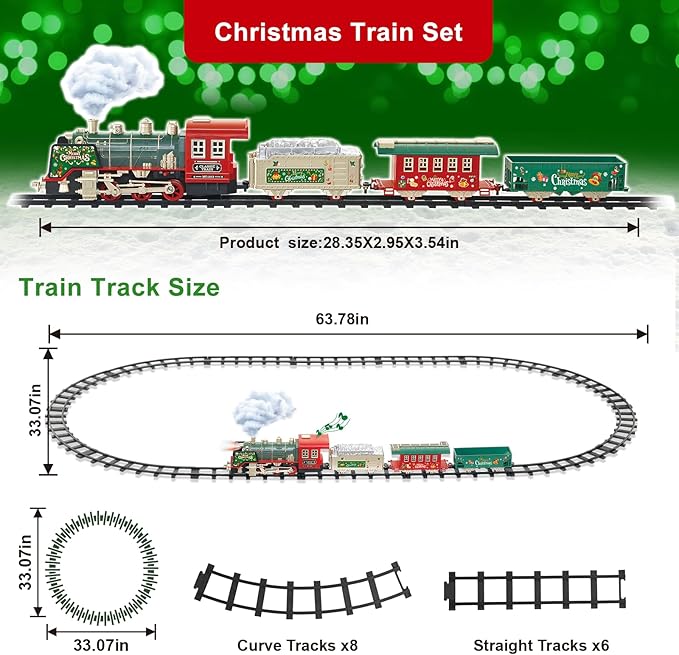 JUQU Christmas Train Set with Remote Control, Smoke, Whistle & Lights, Perfect for Around the Tree, Boys' Toy Train Set, Ages 3-8