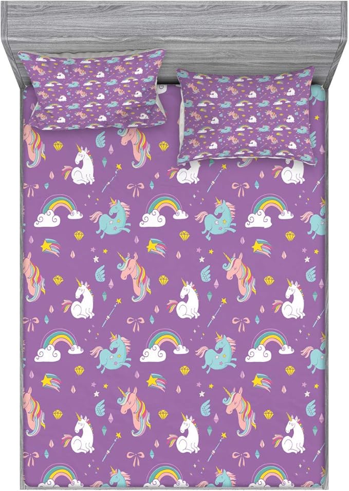 Ambesonne Magic Fitted Sheet & Pillow Sham Set, Unicorn and Rainbow Diamond Wand Pattern Girl Creature Print, Decorative Printed 2 Piece Bedding Decor Set, Queen, Violet
