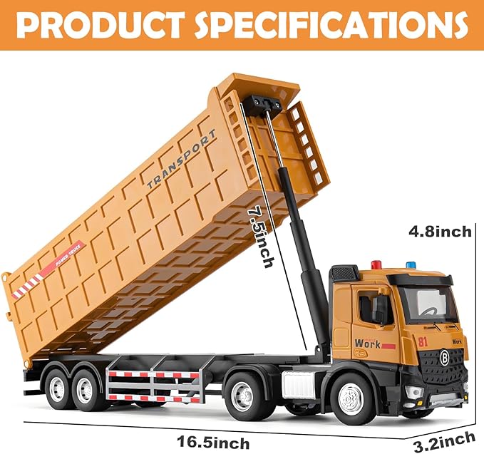 Dump Truck Toy for 3 4 5 6 7 Years Old Boys, Large Semi Truck with Metal Cab, Lights and Sounds, Friction Powered Tractor Trailer Car, Kids Birthday Gifts for Over 3 Years Old Boys Kids 16.5"