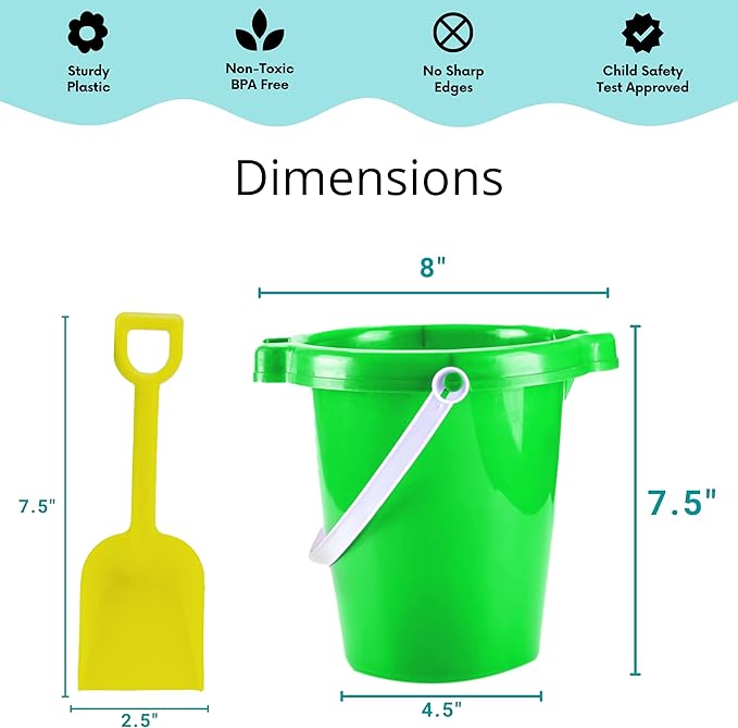 4E's Novelty 6 Pack 7.5" Beach Buckets and Shovels for Kids Bulk - Strong Large Sand Bucket for Toddler Beach Toys for Kids 3-10, SandBox Toys