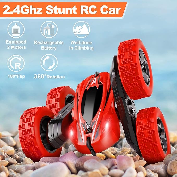 Remote Control Car, 2.4GHz Fast Stunt RC Trucks with Headlights, 4WD Double Sided 360 Rotating Off Road RC Crawler Toy Cars for Kids Boys Girls (Red)