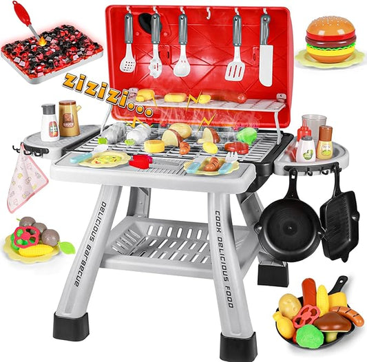 2025 Kids Play Kitchen Toy Grill BBQ Kitchen Playset Outdoor Toy with Smoke Light Outside Pretend Play Food Toys Cooking Set 2-Layer Barbecue Gifts for Toddler Boys Girls 3-5 6 7 8