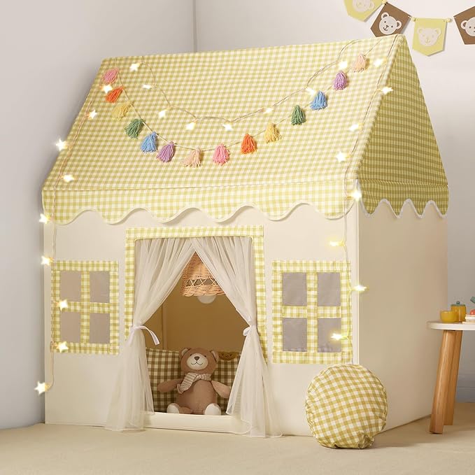 Kids Play Tent Indoor: Mat, Tassel Garland, Star Lights - Yellow Checkered Boys Tent Playhouse for Toddlers Kids Toys for Boy Girl Birthday Gift