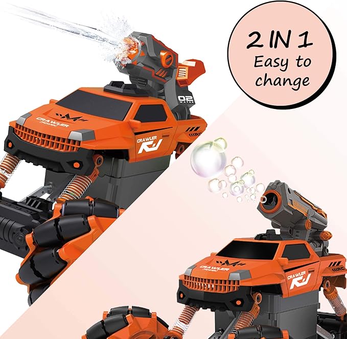 Vaiyer RC Rechargeable, Remote Control Stunt Car for Kids w/ 2-in-1 Interchangeable Toy Bubble Blaster and Water Gun Tops, Rock Crawler Off Road Vehicle w/ 360 Degree Movement (Orange)