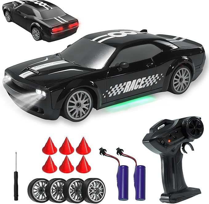 SANCO 1:20 RC Drift Car - 2.4G Drifting Car with Dual Tire System & LED Lights, 20+KM/H, 50-Minute Playtime, Racing Toy Remote Control for Adults Boys Girls 2pcs Rechargeable Batteries （Black）