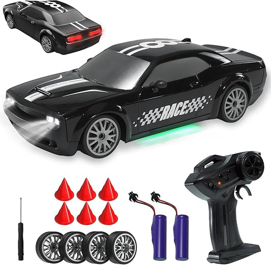 SANCO 1:20 RC Drift Car - 2.4G Drifting Car with Dual Tire System & LED Lights, 20+KM/H, 50-Minute Playtime, Racing Toy Remote Control for Adults Boys Girls 2pcs Rechargeable Batteries （Black）