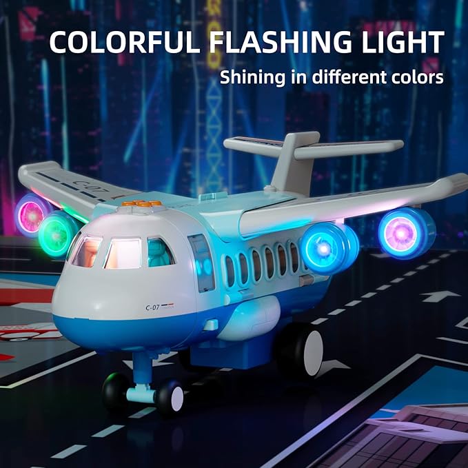 Transport Cargo Airplane, Large Theme Airplane Toy Set, Educational Toy Vehicle Play Set with Smoke Sound and Light, Fricton Powered Plane with Mini Cars and Men, Birthday Gift for Boys and Girls