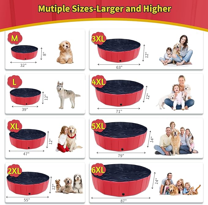 Foldable Dog Pool, 87" x 14" Large Kiddie Pool with Hard Plastic, Non-Slip Dog Bath Tub for Outdoor Backyard, Collapsible Dog Swimming Pool for Kids Dogs Pets (Red)