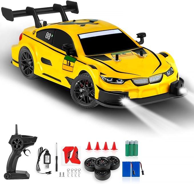 RC Drift Car, 1:16 Scale Drifting Cars2.4GHz 4WD RC Race Car, 40km/h High-Speed Remote Control Drift Cars Vehicle, Racing Sport for Boys Girls Kids - 2 USB Rechargeable Batteries (Yellow)