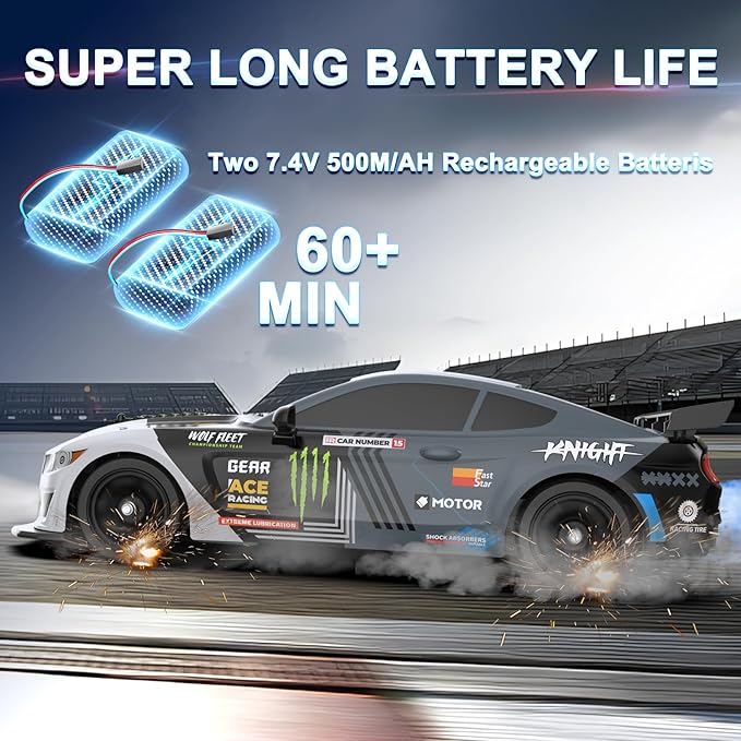 Remote Control Car RC Drift Car 1:16 Scale 4WD 18KM/H High Speed Model Vehicle 2.4GHz with LED Lights Spray Rubber Tire Racing Sport Toy for Adults Boys Girls Kids Gift 2Pcs Rechargeable Batteries