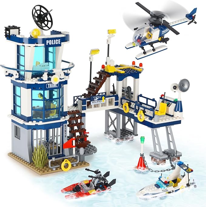 City Police Station STEM Building Sets, Compatible with Lego Military Helicopter Airplane,Boats Ship, Swat Team,Building Kit for Kids, 565 PCS Best Gift for 6-10 Boys
