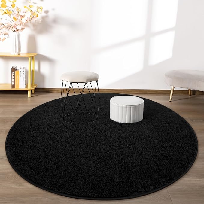 FlyDOIT Round Area Rugs for Bedroom Living Room, 4x4 Black Super Soft Comfy Thickened Memory-Foam Indoor Circle Carpet, Modern Aesthetic Minimalist Carpet for Boys Girls Adults Nursery Home Décor