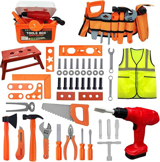 Kids Tool Set 55 PCS Toddler Tool Set with Electronic Toy Drill Pretend Play Construction Toys Kit with Tool Belt Toys Toys for Boys Girls Ages 2 3 4 5 (Orange)