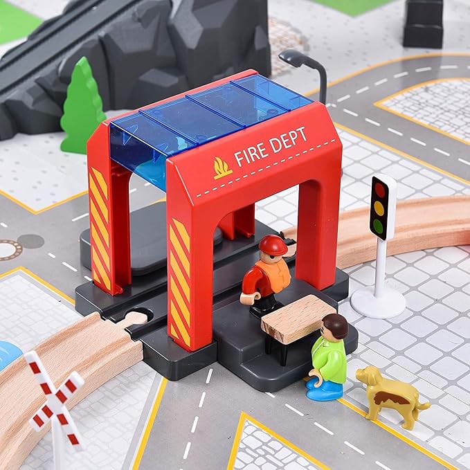 Giant bean 72PCS Fire Station Wooden Train Track Electric Train Set, Gift Packed Toy Railway Kits for Kids, Toddler Boys and Girls 3,4,5 Years Old and Up, Christmas Birthday Gift Toy for Kids