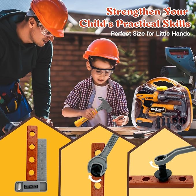 Kids Tool Set with Tool Box & Electronic Toy Drill, Pretend Play Kids Construction Kits, Toy Tools for Toddlers 3-5, Kids Tool Sets for Boys Ages 4-6