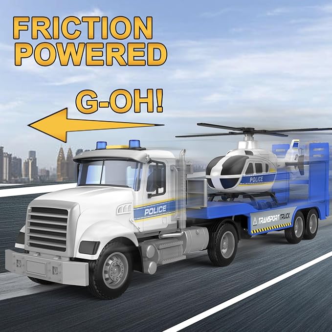 22" Semi Police Truck Toy with Helicopter for Kids Toddlers -Police Car Toys, Birthday for Boy Girl Toddler Child 3 4 5 6 7 Years Old