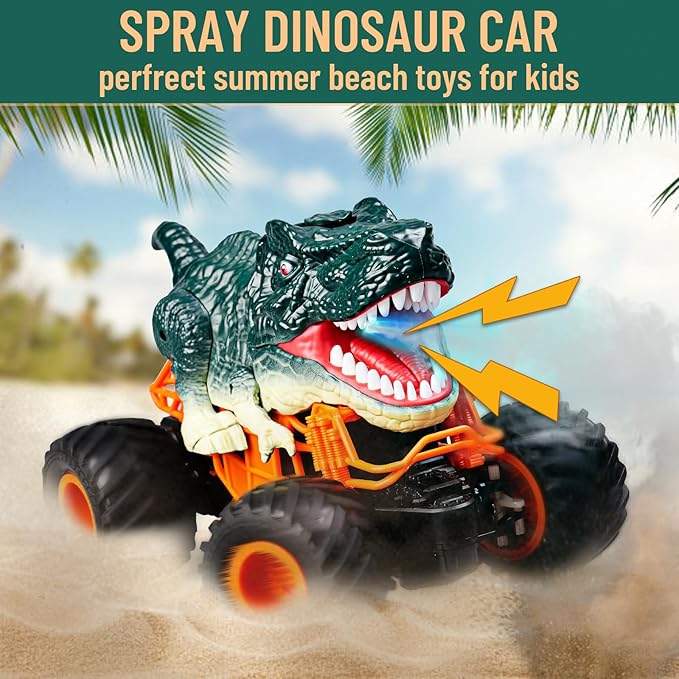 Dinosaur Monster Truck Toys - Remote Control Dinosaur Car, 2.4Ghz RC Truck with Lights, Music & Spray - Electric Hobby RC Cars for Toddlers - Birthday Gift for Kids Boys Girls Ages 2-8 (Green)
