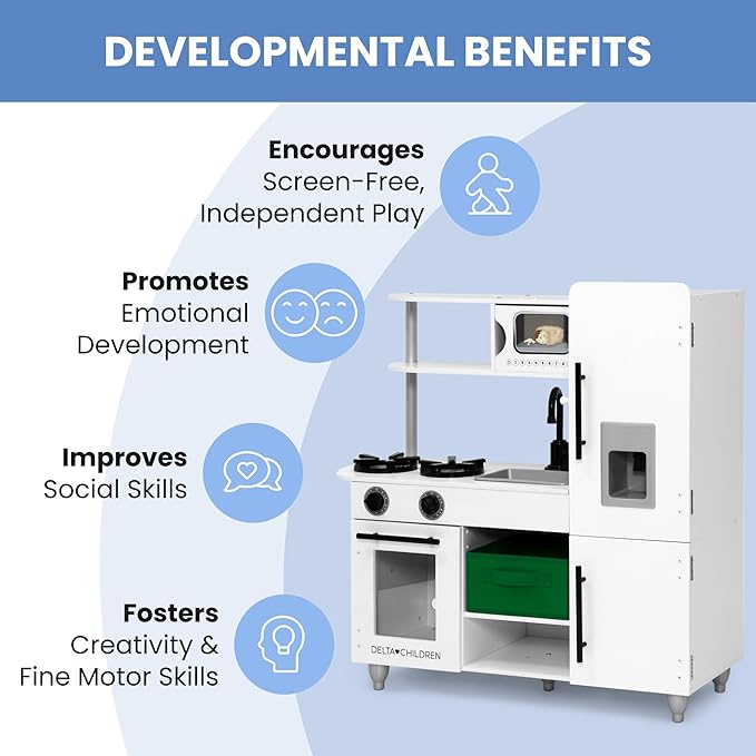 Delta Children Deluxe Modern Kitchen - Toy Kitchen Playset with Realistic Knobs That Turn/Click, Oven, Sink and Fridge/Freezer with Ice Maker, White