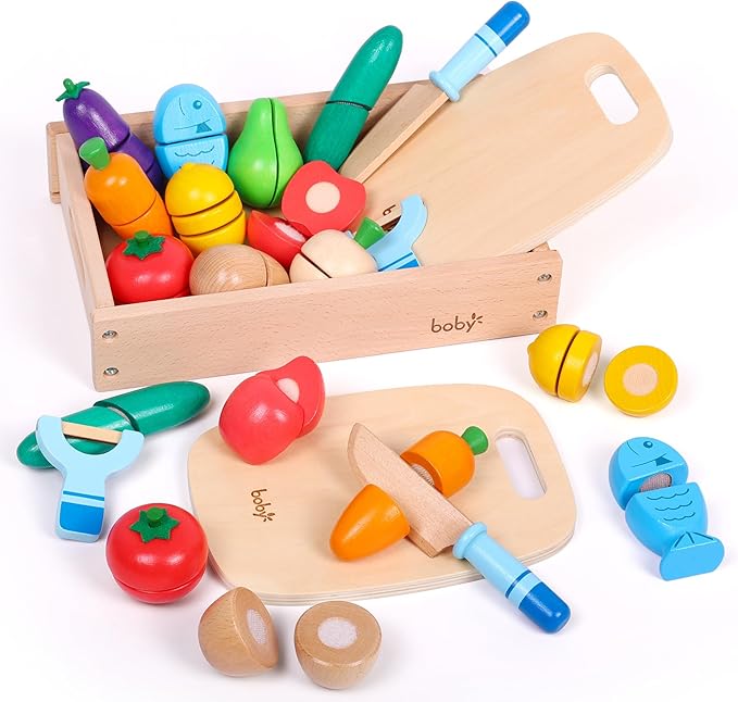 Dailyfunn Wooden Pretend Play Foods Set for Kids Kitchen Montessori Cutting Playset Toys with Storage Box