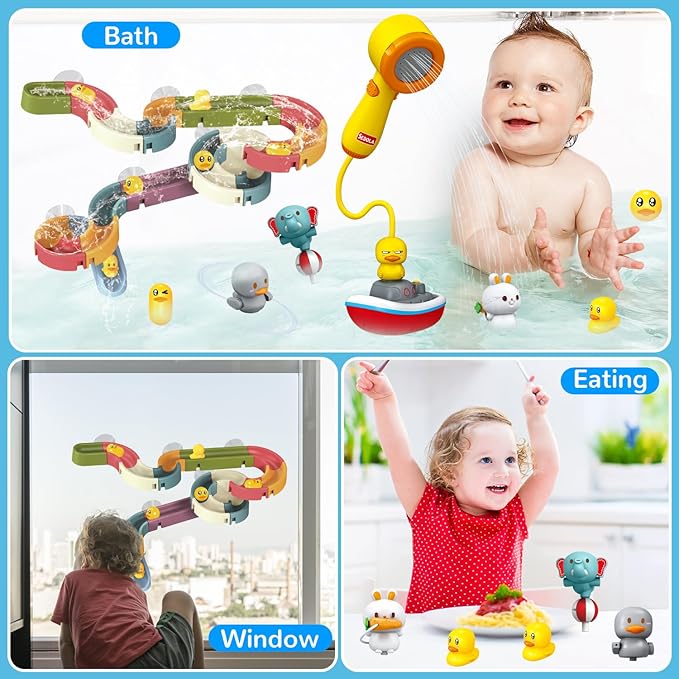 Mostop Toddler Bath Toys, Baby Bathtub Toys with Slide Track and Duck Shower Sprays, 2 Ducks, 4 Balls, 1 Boat, 3 Water Spraying Animal Toys, Fun Bathtub Toys Gift for Kids Age 4-8