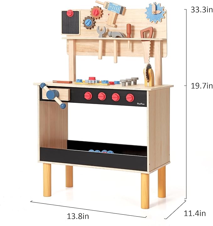 PairPear Wooden Kids Tool Bench, Toddler Workbench with 71 PCS Tool Set, Wooden Toy Play Worshop Toolbox with Drill, Hammer, and Construction Tools, Kids Gift for Boys & Girls 3+ Years Old