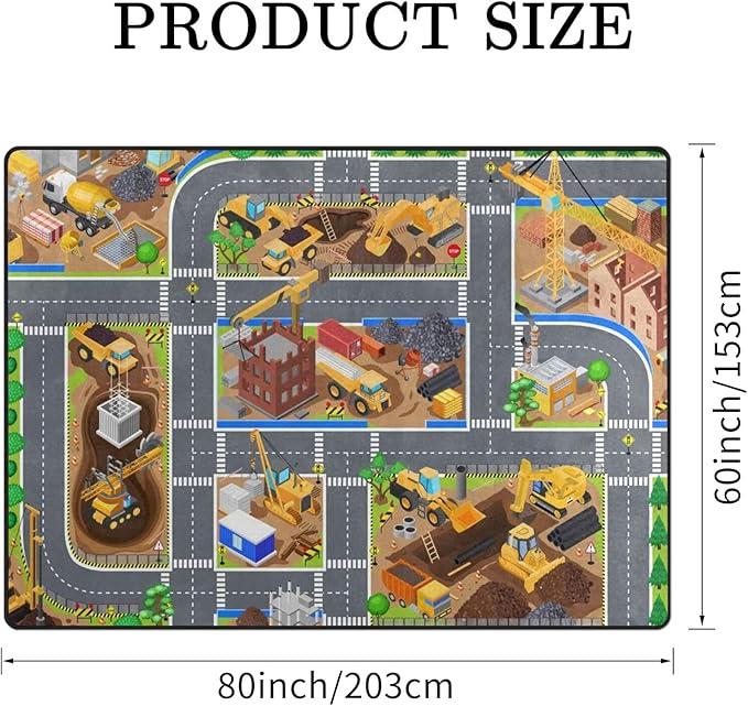 Kids Rug, Construction Site Playmat Rugs - 5x7 Ft Kids Carpet with Rubber Backing, Construction Vehicles Play Mat Nursery Rugs for Children Bedroom Playroom