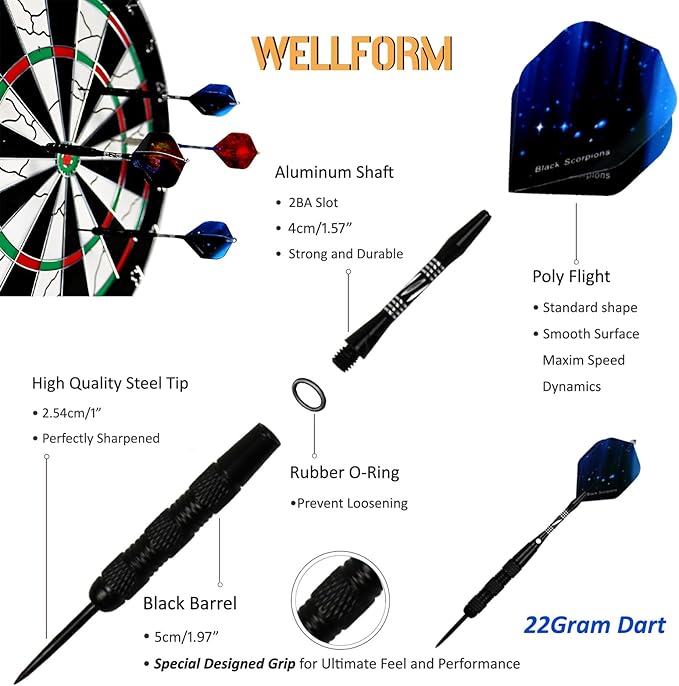 Darts Metal Tip Set，12 Pack 22 Gram with Nonslip Iron Barrel, Darts Steel Tip Set Professional,with 12 Aluminum Dart Shafts, 24 Extra Flights, Dart Sharpener, Dart Wrench, Stylish Gift Box